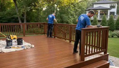 Redmond, WA painters staining a deck for wood protection and curb appeal